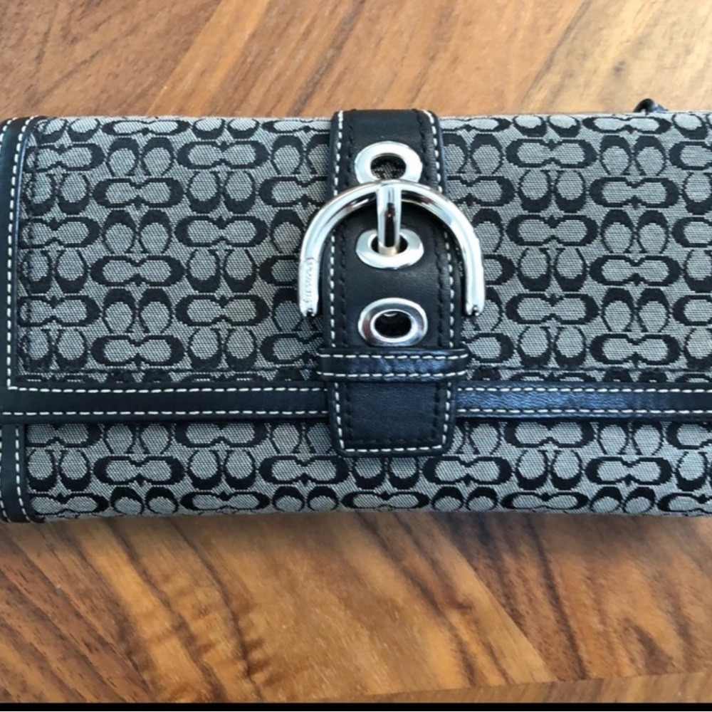 Coach Black and Gray Monogram Wallet with Silver Clasp